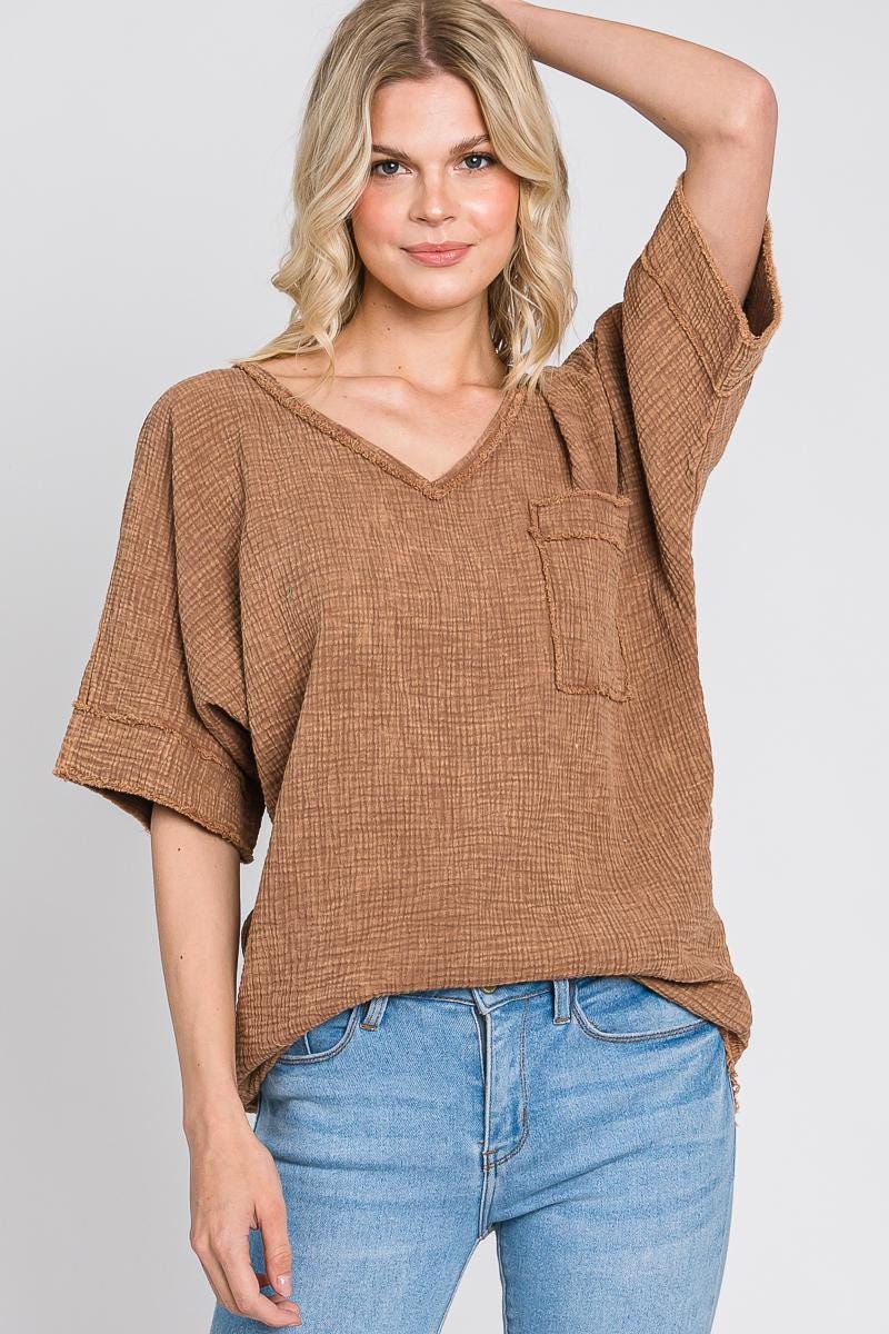Cotton Gauze V-Neck Top: Lightweight Summer Shirt, Front Pocket - Made in USA - FALL COLORS