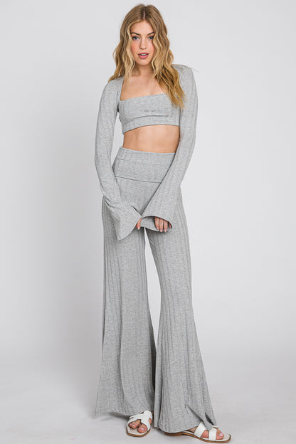 Ribbed Crop Top & Flared Pants Set - Women's Yoga Set - Made in USA