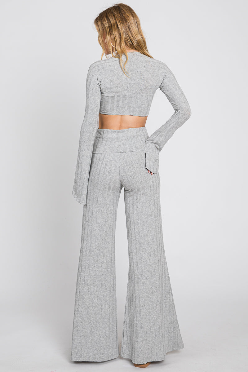 Ribbed Crop Top & Flared Pants Set - Women's Yoga Set - Made in USA