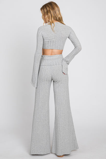 Ribbed Crop Top & Flared Pants Set - Women's Yoga Set - Made in USA