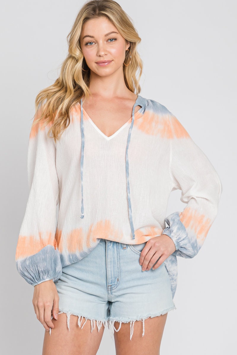 Tie Dye Double Gauze Blouse: Lightweight Cotton V-Neck Top - Made in USA