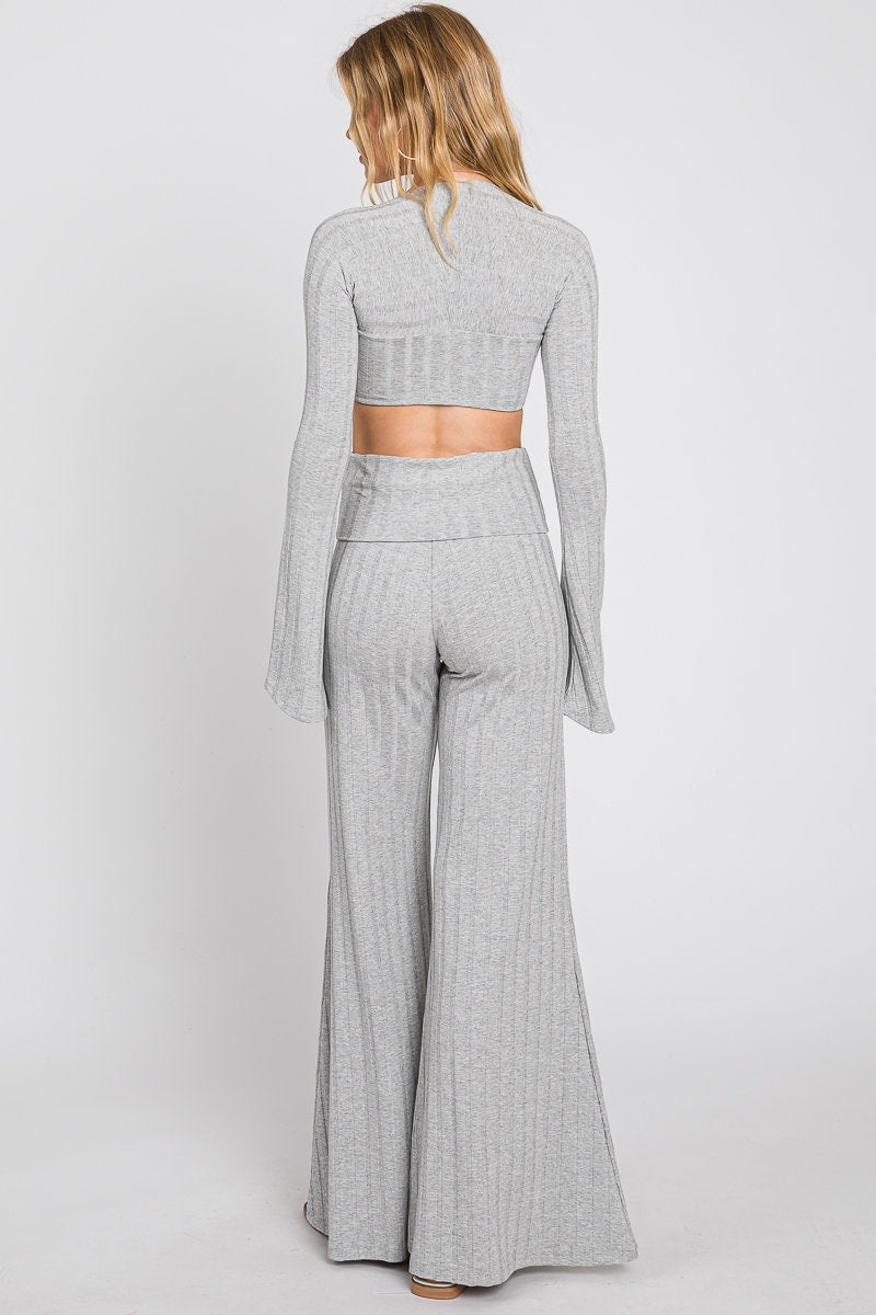 Ribbed Crop Top & Flared Pants Set - Women's Yoga Outfit - Made in USA