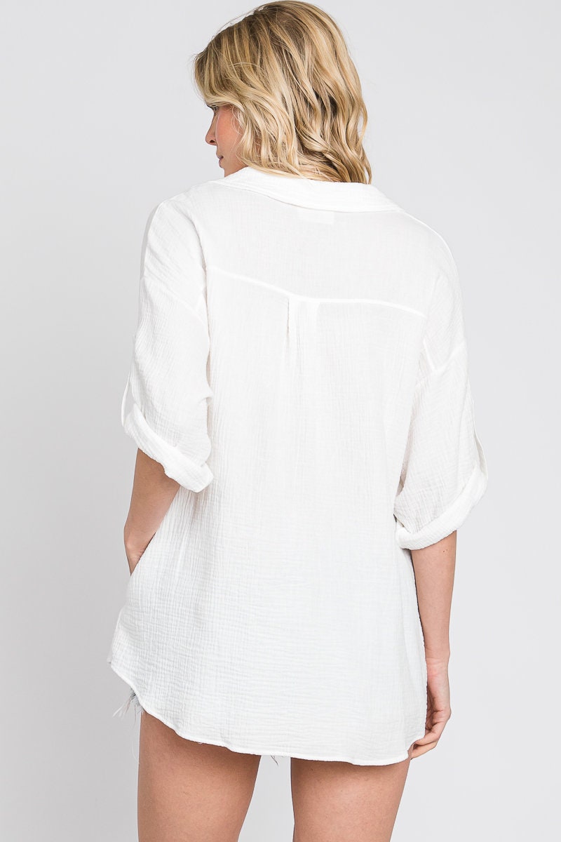 Oversized Linen Button-Down Shirt: Women's Vintage Style Top - Made in USA