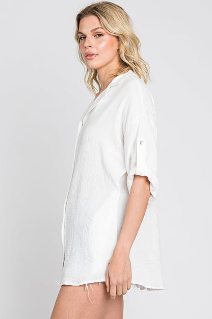 Oversized Linen Button-Down Shirt: Women's Vintage Style Top - Made in USA