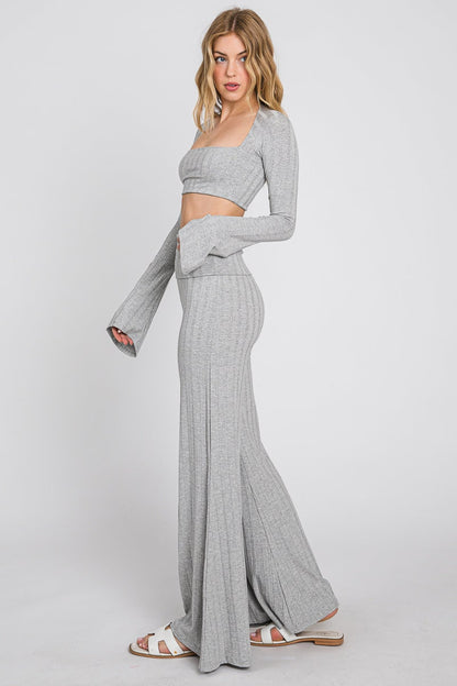 Ribbed Crop Top & Flared Pants Set - Women's Yoga Outfit - Made in USA