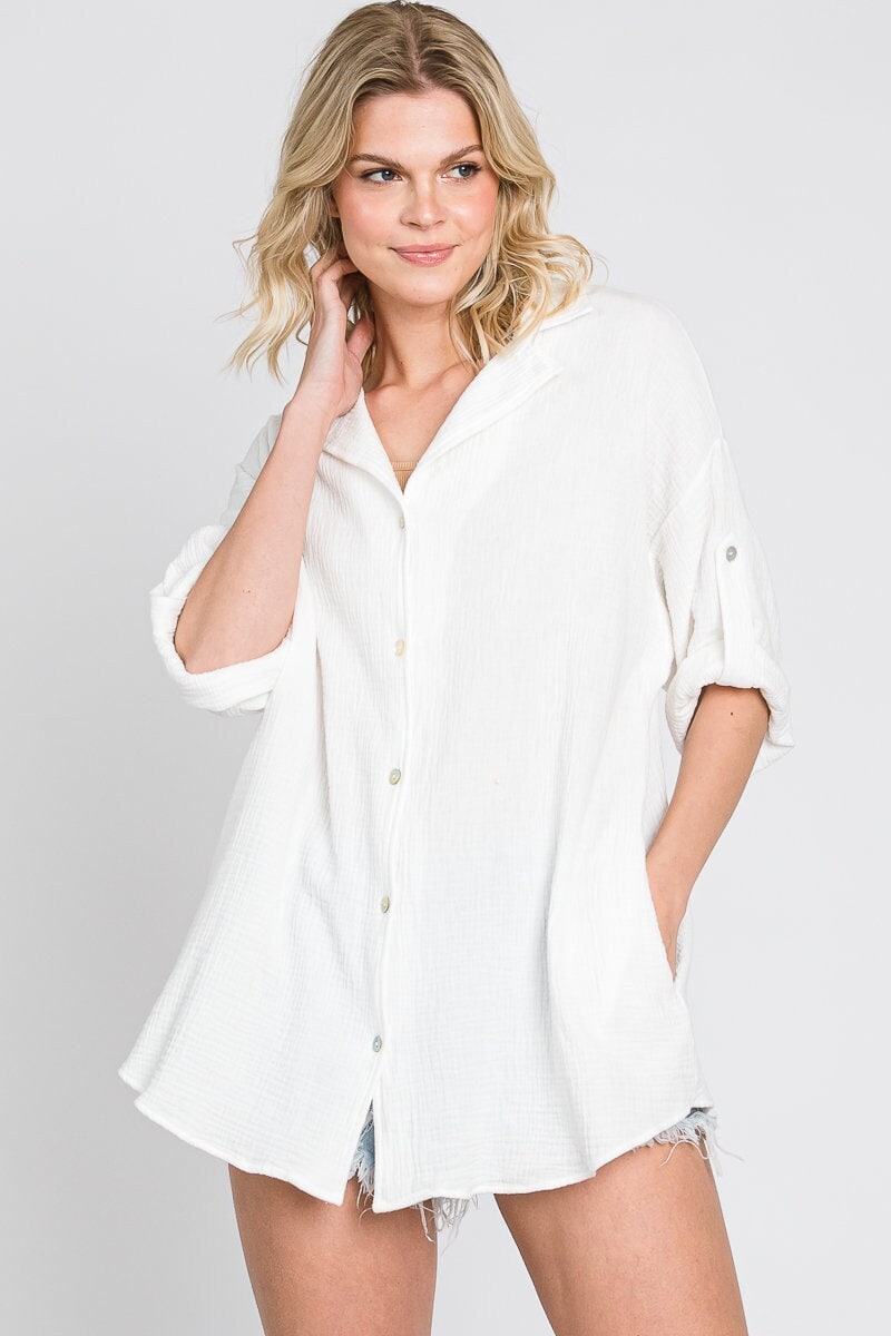 Oversized Linen Button-Down Shirt: Women's Vintage Style Top - Made in USA