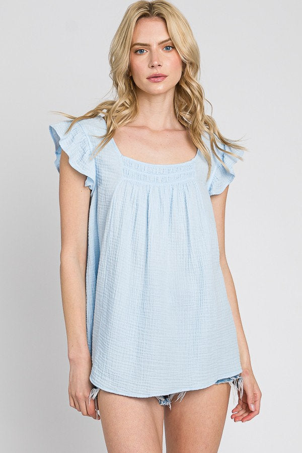Ruffle Sleeve Cotton Gauze Top: Made in USA, Loose Fit Summer Shirt