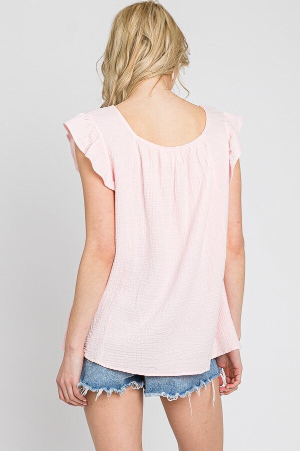 Ruffle Sleeve Cotton Gauze Top: Made in USA, Loose Fit Summer Shirt