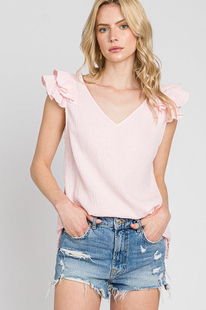 Cotton Ruffle Sleeve V-Neck Blouse: Pastel Garment Dye, Made in USA