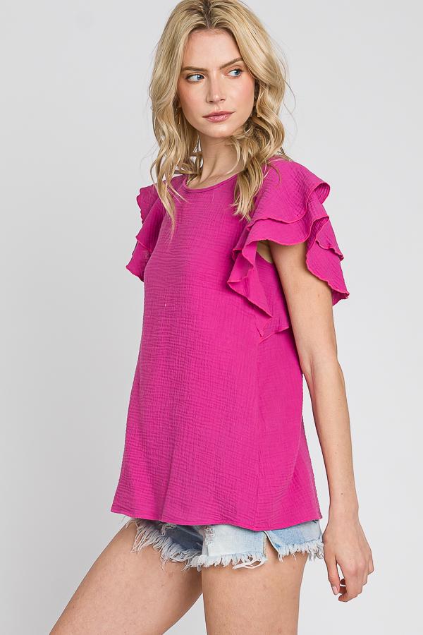 Cotton Gauze Ruffle Sleeve Top: Lightweight Summer Blouse - Made in USA
