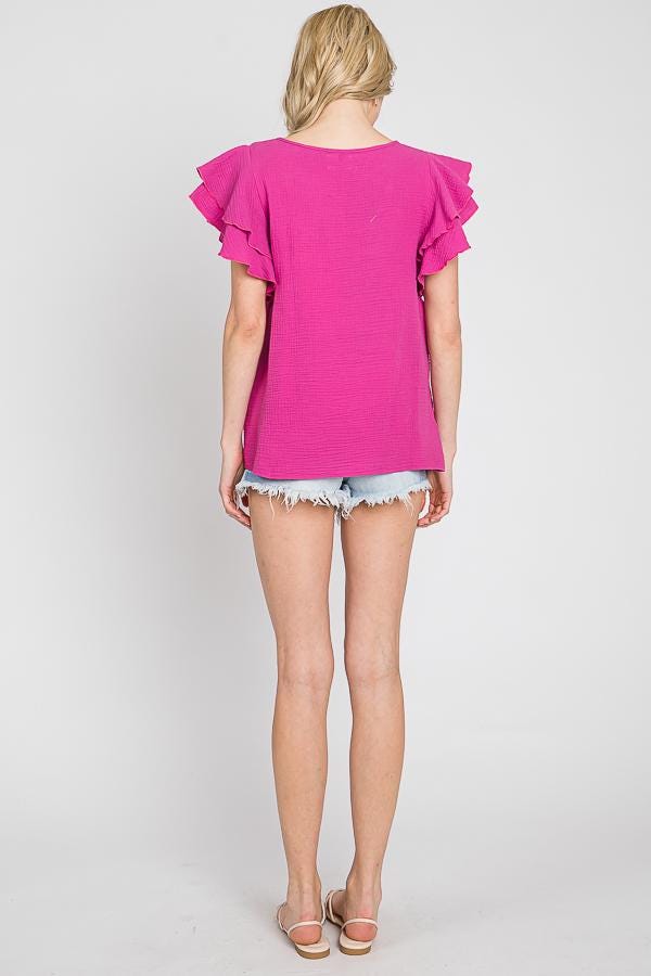 Cotton Gauze Ruffle Sleeve Top: Lightweight Summer Blouse - Made in USA