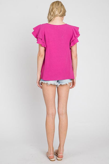 Cotton Gauze Ruffle Sleeve Top: Lightweight Summer Blouse - Made in USA