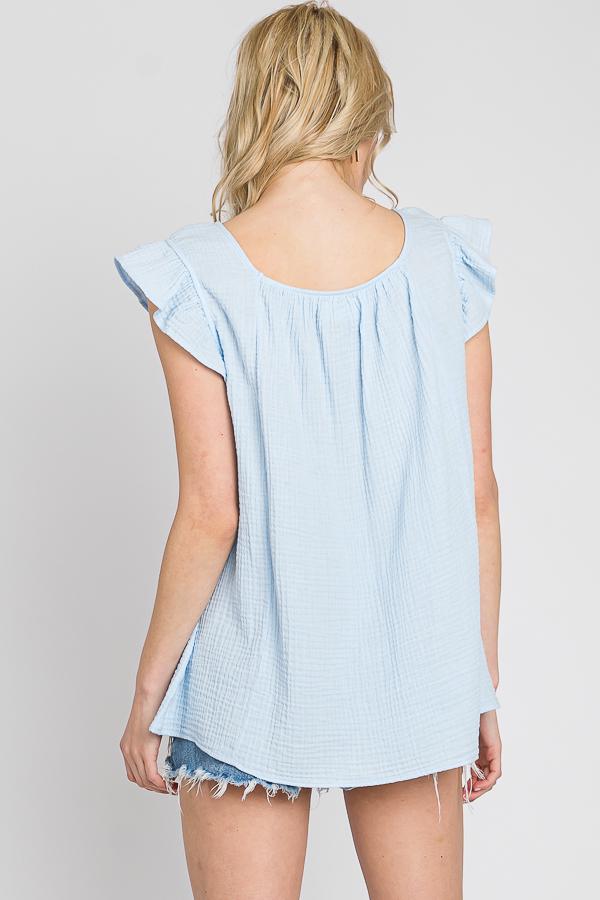 Ruffle Sleeve Cotton Gauze Top: Made in USA, Loose Fit Summer Shirt