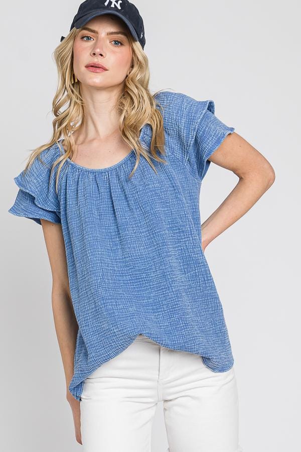 Mineral Wash Cotton Gauze Blouse: Ruffle Sleeves, Loose Fit - Made in USA