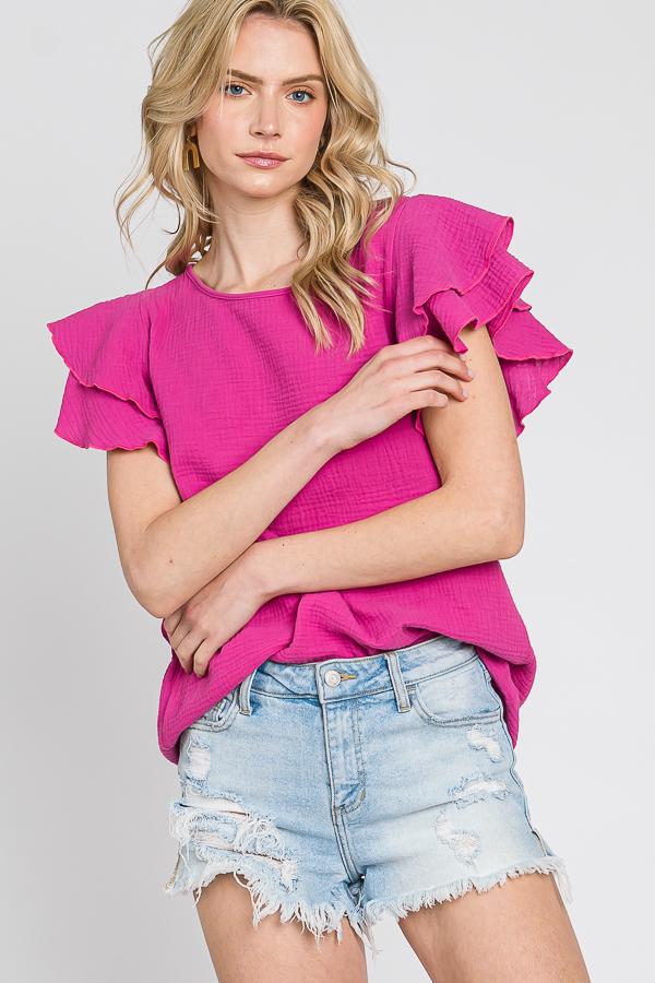 Cotton Gauze Ruffle Sleeve Top: Lightweight Summer Blouse - Made in USA