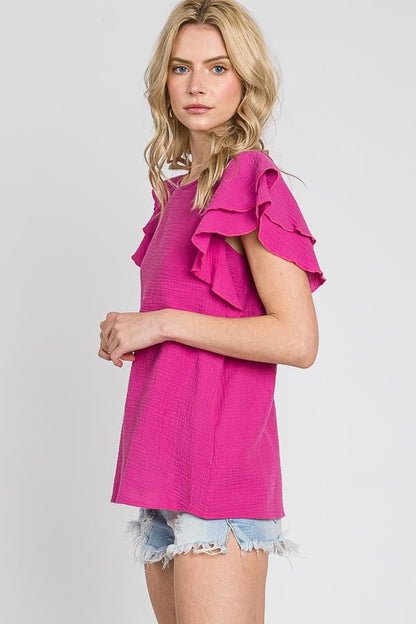 Cotton Gauze Ruffle Sleeve Top: Lightweight Summer Blouse - Made in USA