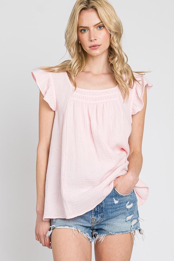 Ruffle Sleeve Cotton Gauze Top: Made in USA, Loose Fit Summer Shirt