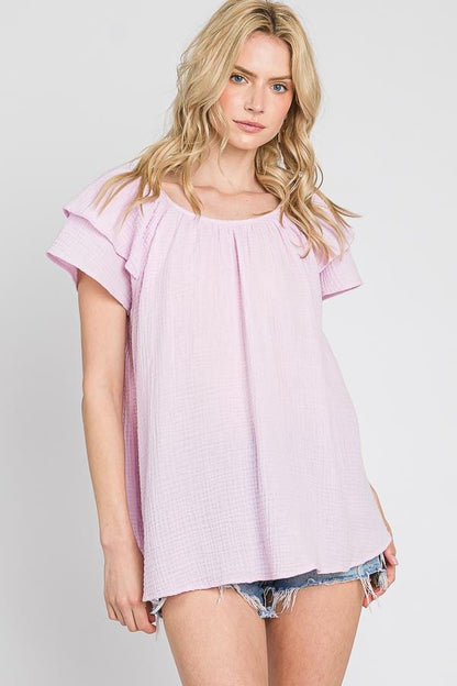 Mineral Wash Cotton Gauze Blouse: Ruffle Sleeves, Loose Fit - Made in USA