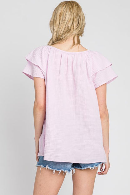 Mineral Wash Cotton Gauze Blouse: Ruffle Sleeves, Loose Fit - Made in USA
