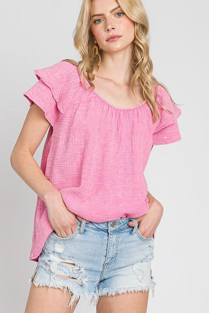 Mineral Wash Cotton Gauze Blouse: Ruffle Sleeves, Loose Fit - Made in USA