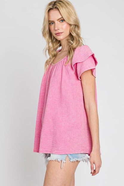 Mineral Wash Cotton Gauze Blouse: Ruffle Sleeves, Loose Fit - Made in USA