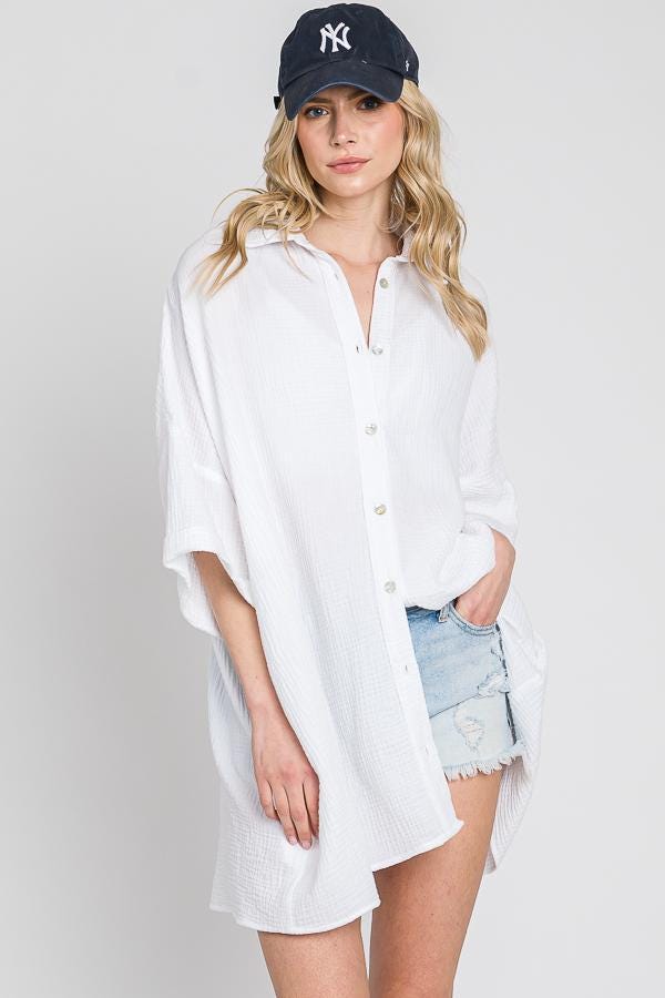Oversized Cotton Button Down Top: Comfortable Spring Summer Coverup