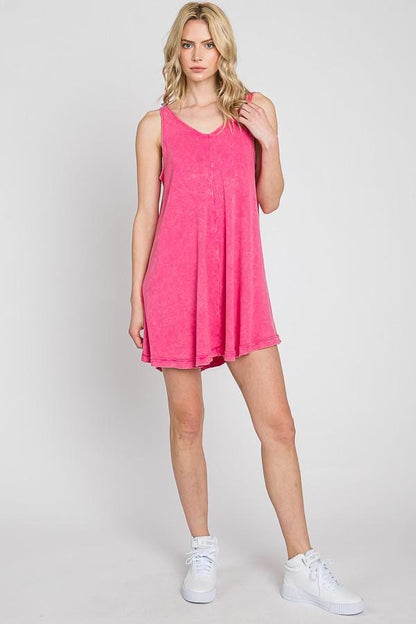 Mineral Wash Mini Dress: Ribbed V-Neck Cotton Tank Top