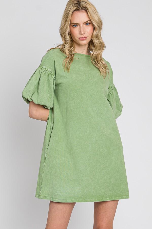 Mineral Wash Cotton Bubble Sleeve Dress - Made in USA
