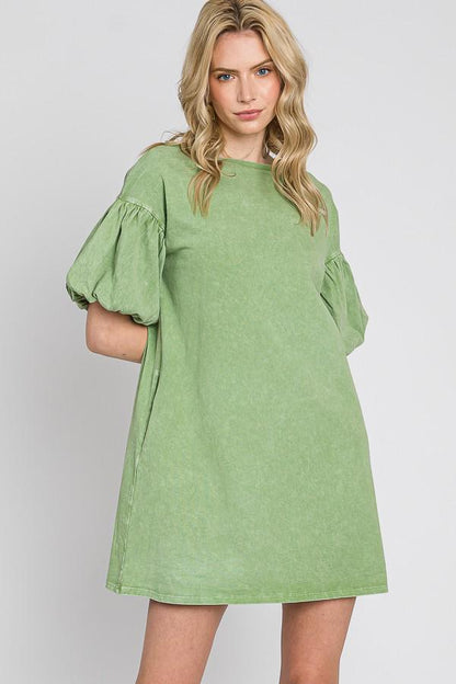Mineral Wash Cotton Bubble Sleeve Dress - Made in USA