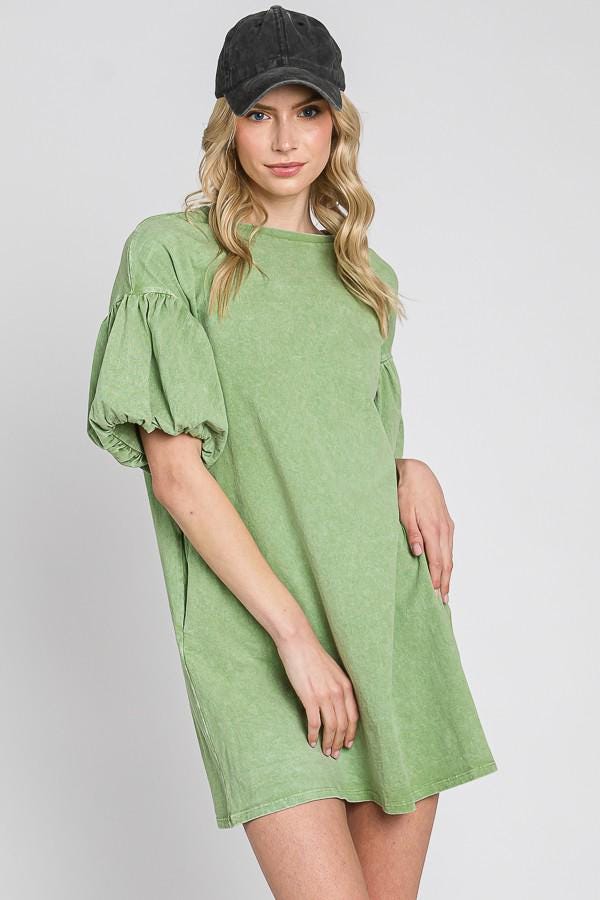 Mineral Wash Cotton Bubble Sleeve Dress - Made in USA