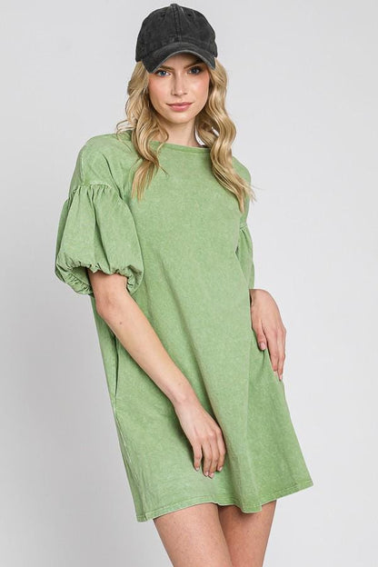 Mineral Wash Cotton Bubble Sleeve Dress - Made in USA