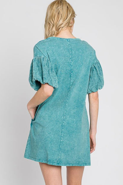 Gauze Bubble Sleeve Midi Dress: Mineral Wash Cotton Summer Dress - Made in USA