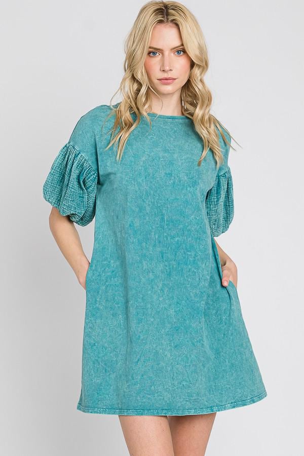 Gauze Bubble Sleeve Midi Dress: Mineral Wash Cotton Summer Dress - Made in USA