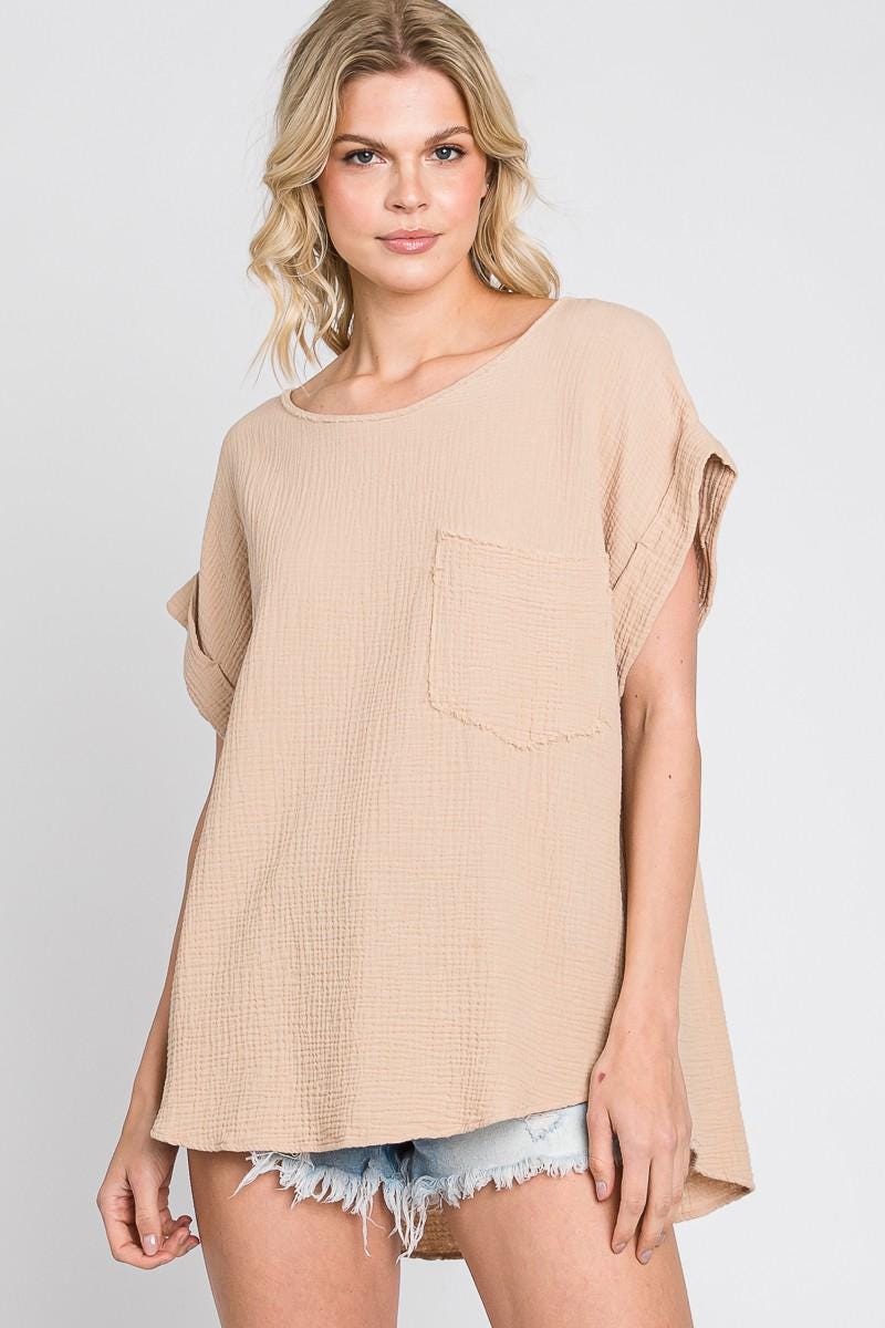 Minimalist Gauze Summer Top: Lightweight Cotton, Front Pocket - Made in USA