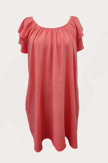 Ruffle Sleeve Gauze Dress w/ Pockets:  Made in USA - FALL COLOR