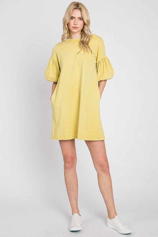 Mineral Wash Cotton Bubble Sleeve Dress - Made in USA