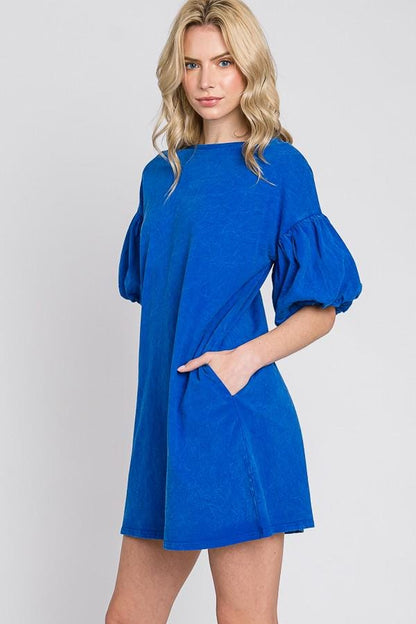 Mineral Wash Cotton Bubble Sleeve Dress - Made in USA