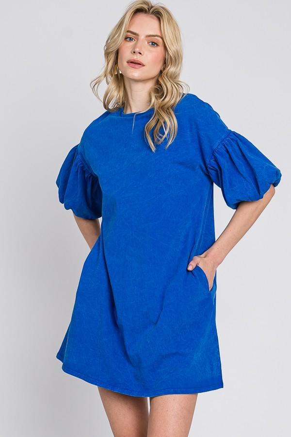 Mineral Wash Cotton Bubble Sleeve Dress - Made in USA