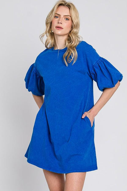 Mineral Wash Cotton Bubble Sleeve Dress - Made in USA