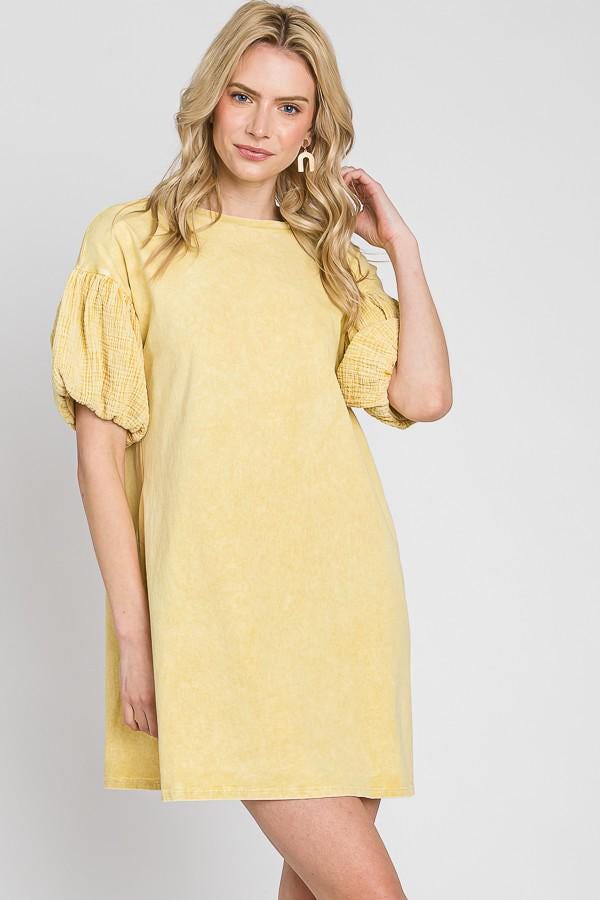 Gauze Bubble Sleeve Midi Dress: Mineral Wash Cotton Summer Dress - Made in USA