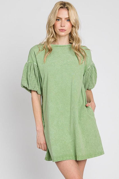 Gauze Bubble Sleeve Midi Dress: Mineral Wash Cotton Summer Dress - Made in USA