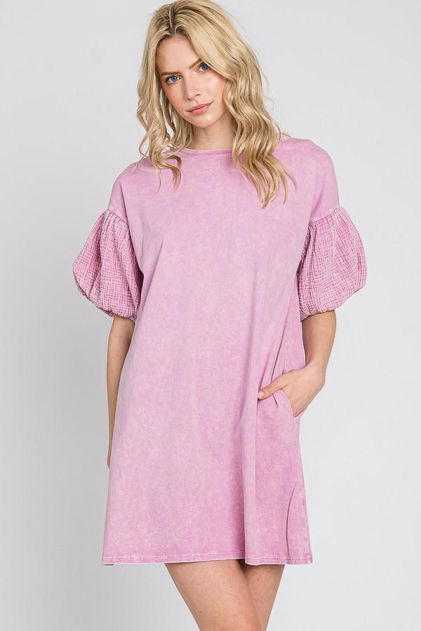 Gauze Bubble Sleeve Midi Dress: Mineral Wash Cotton Summer Dress - Made in USA