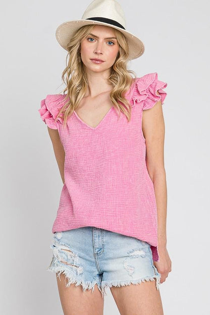 Cotton Ruffle Sleeve V-Neck Blouse: Pastel Garment Dye, Made in USA