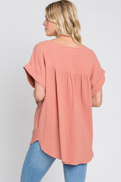Minimalist Gauze Summer Top: Lightweight Cotton, Front Pocket - Made in USA