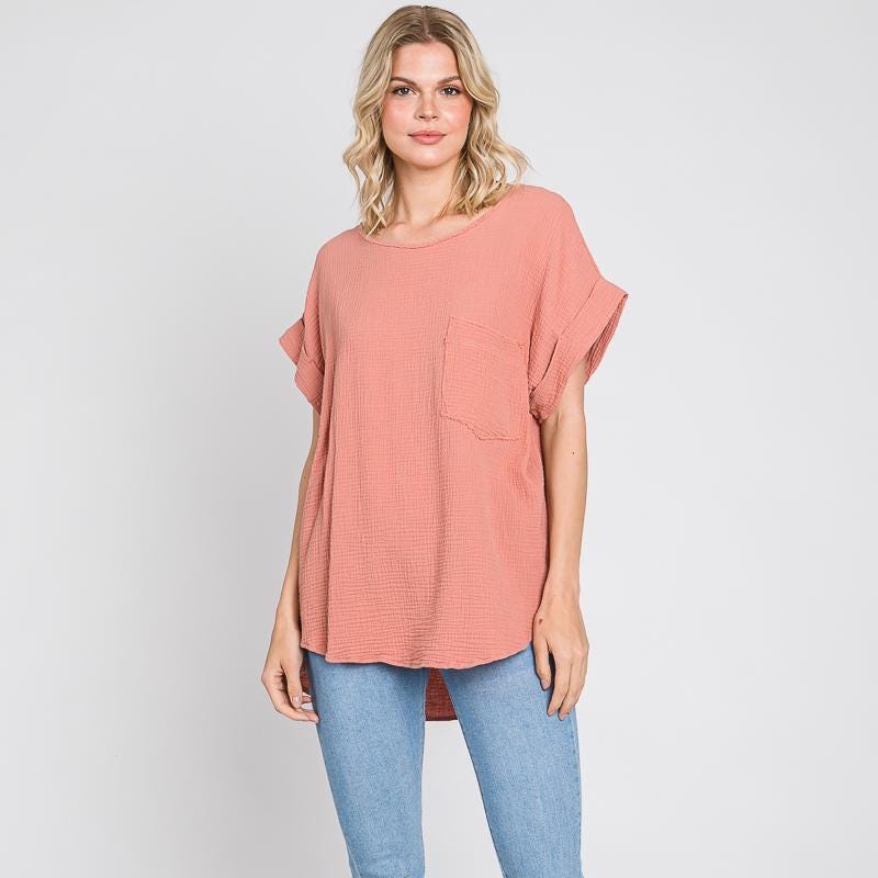 Minimalist Gauze Summer Top: Lightweight Cotton, Front Pocket - Made in USA