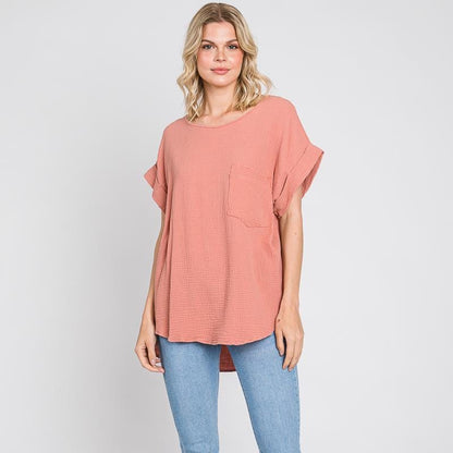Minimalist Gauze Summer Top: Lightweight Cotton, Front Pocket - Made in USA