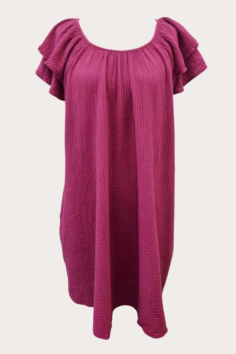 Ruffle Sleeve Gauze Dress w/ Pockets:  Made in USA - FALL COLOR