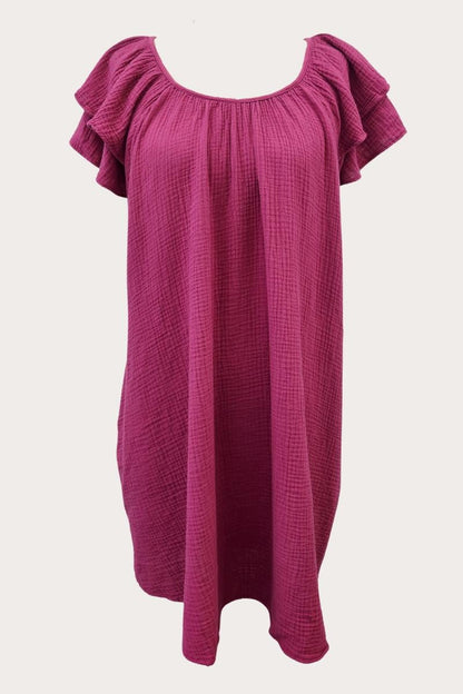 Ruffle Sleeve Gauze Dress w/ Pockets:  Made in USA - FALL COLOR