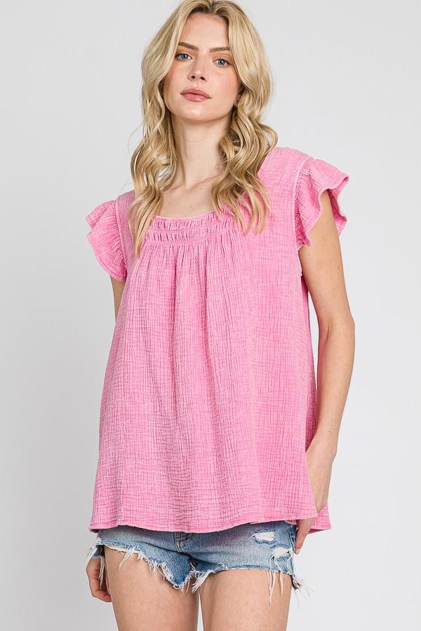 Ruffle Sleeve Cotton Gauze Top: Made in USA, Loose Fit Summer Shirt