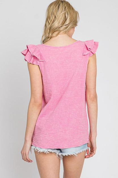 Cotton Ruffle Sleeve V-Neck Blouse: Pastel Garment Dye, Made in USA